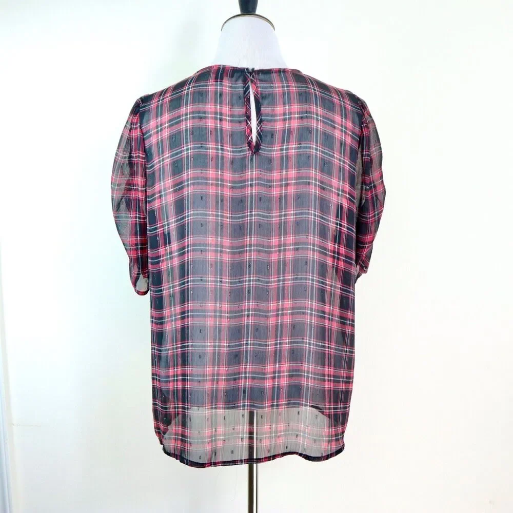 Torrid Size 0 / L Chiffon Lurex Ruched Sleeve Blouse Plaid Red Black